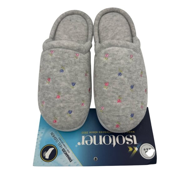 Isotoner Womens Memory Foam Slippers Size LG 8.5-9 Gray With Floral Details - Picture 2 of 5